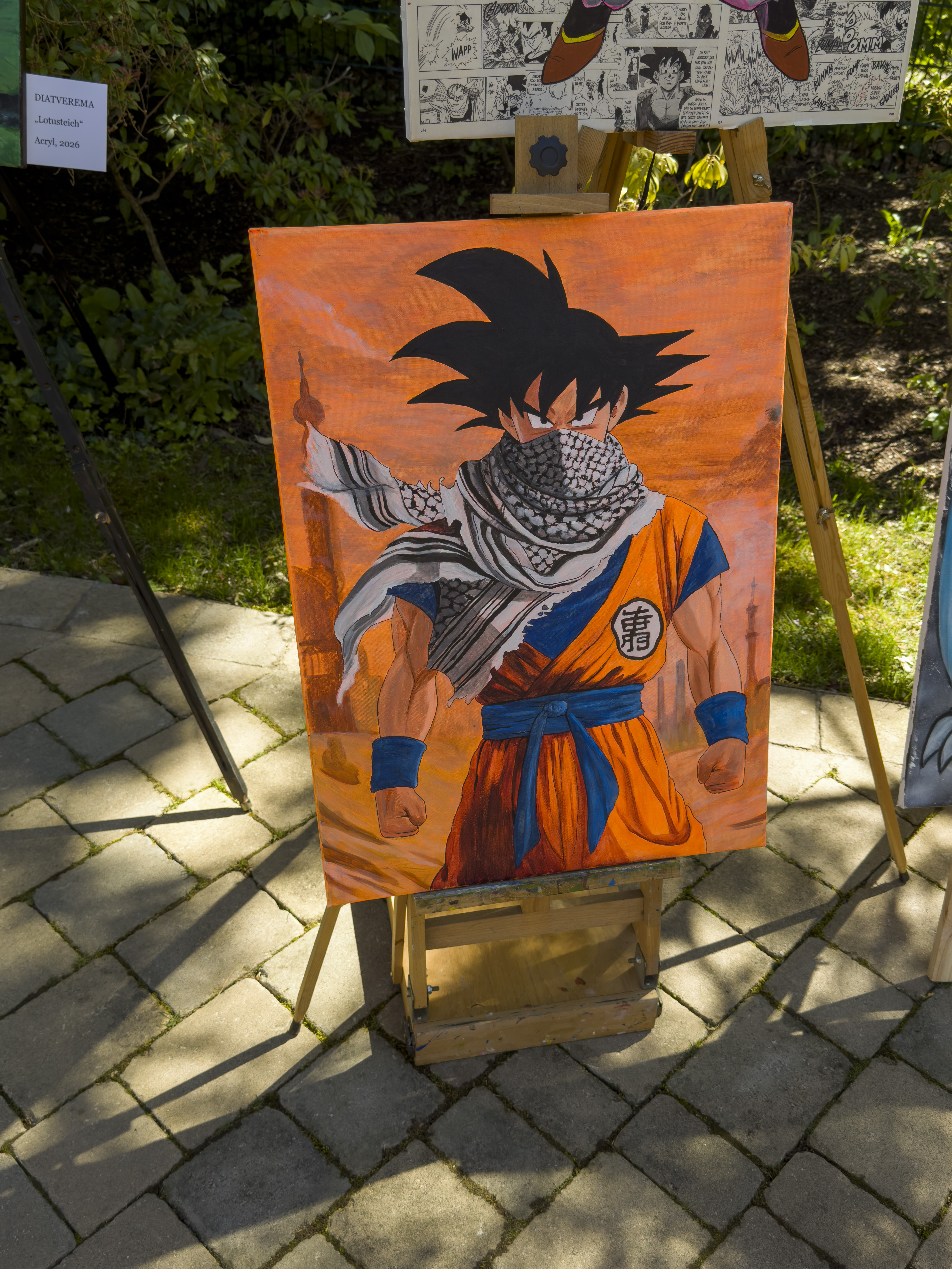 Tablou artistic inspirat de Son Goku din Dragon Ball expus în Setagaya Park din Viena